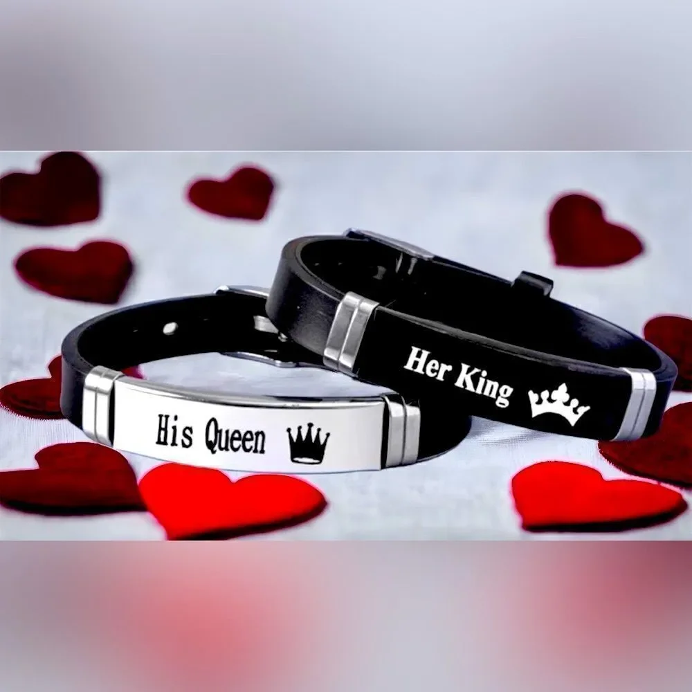 Couples l Her King - His Queen l Black Leather & Stainless Steel  bracelets l
